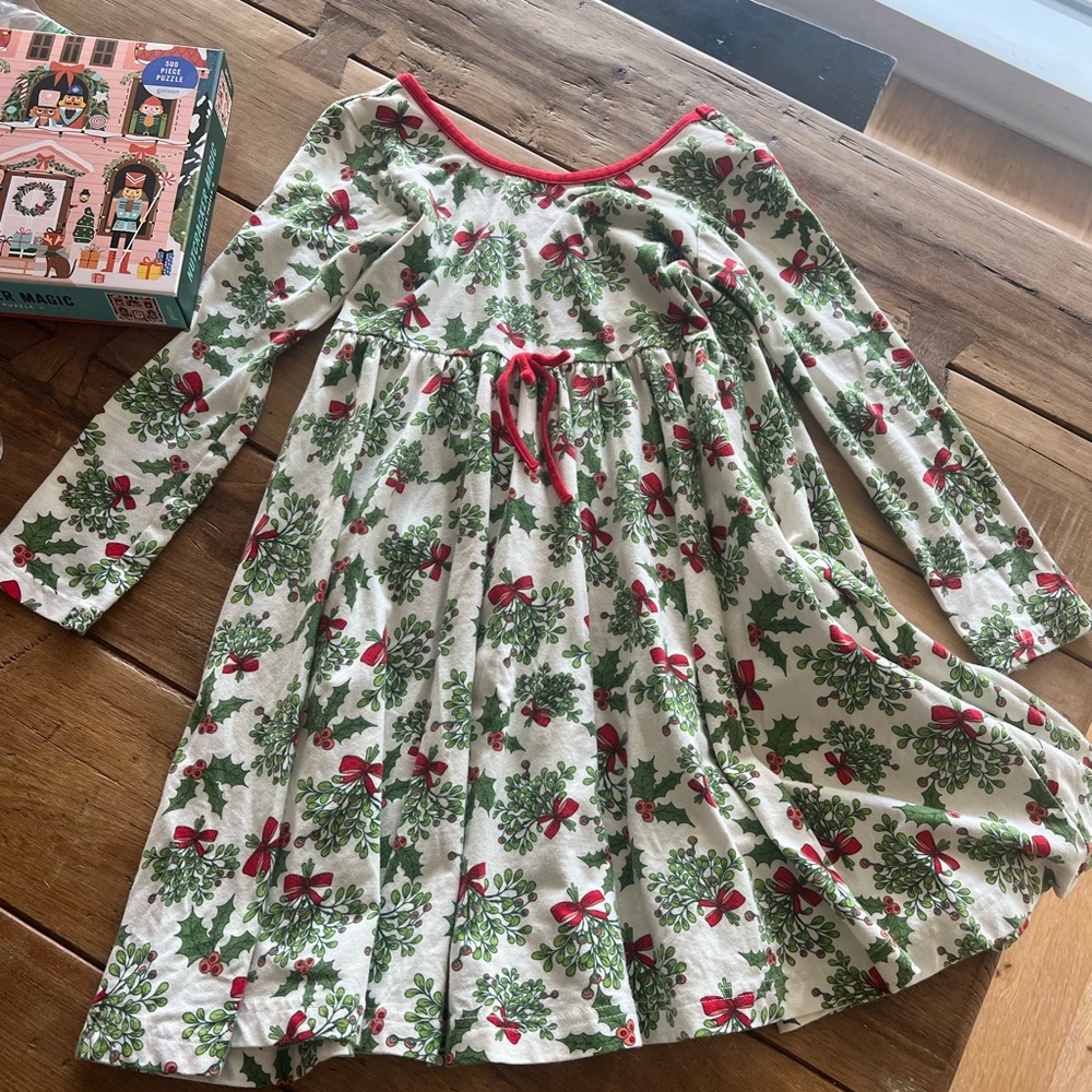 Eleanor Rose Holly Print Twirl Dress with Red Accents